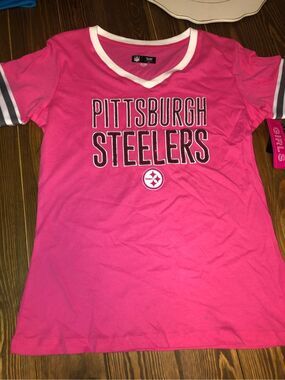 NFL Pittsburgh Steelers V-neck Short Sleeve Shirt  Pink Girls 14-16 NWT Barbie P